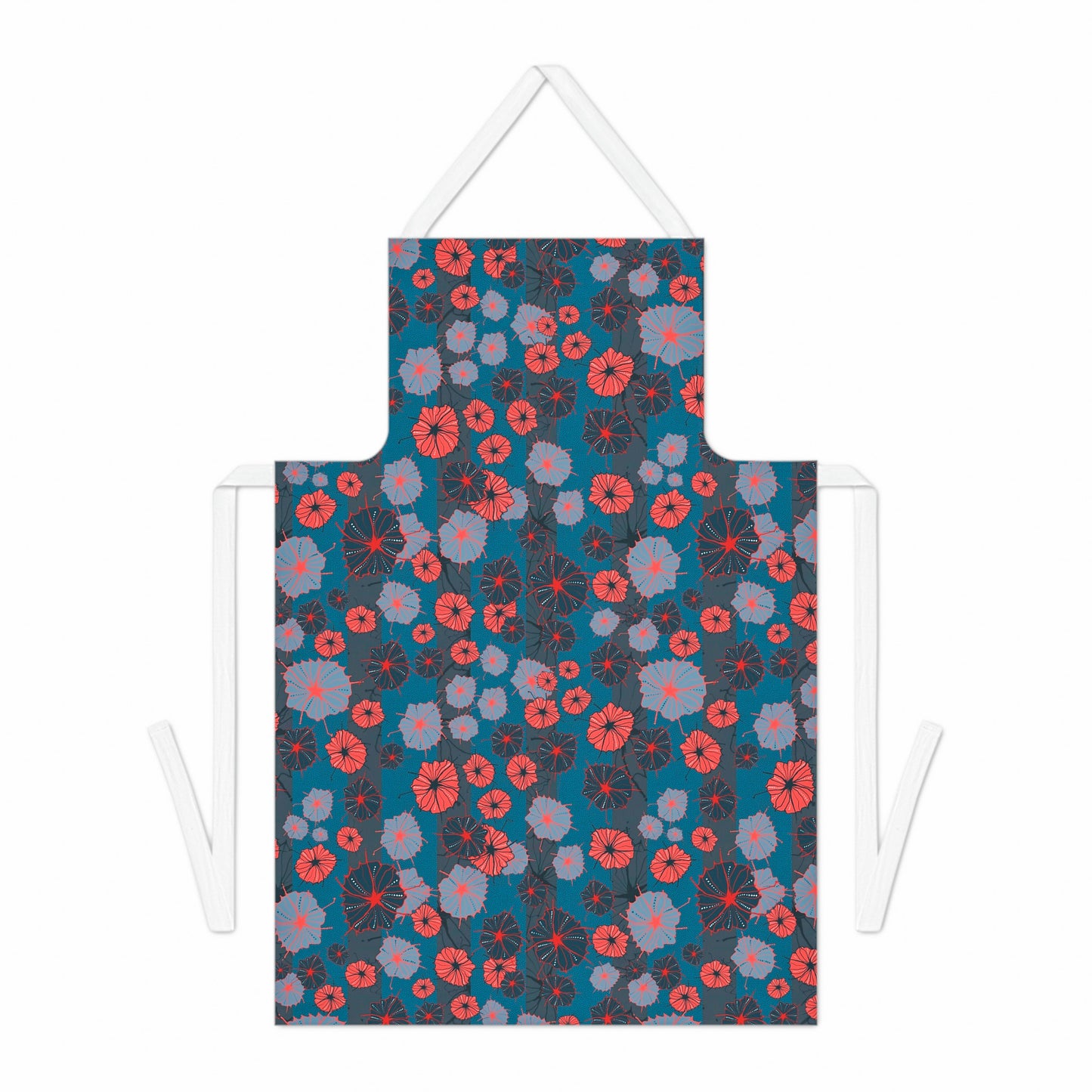 Abstract Floral Stripy Chefs Apron - Poppy Red and French Navy