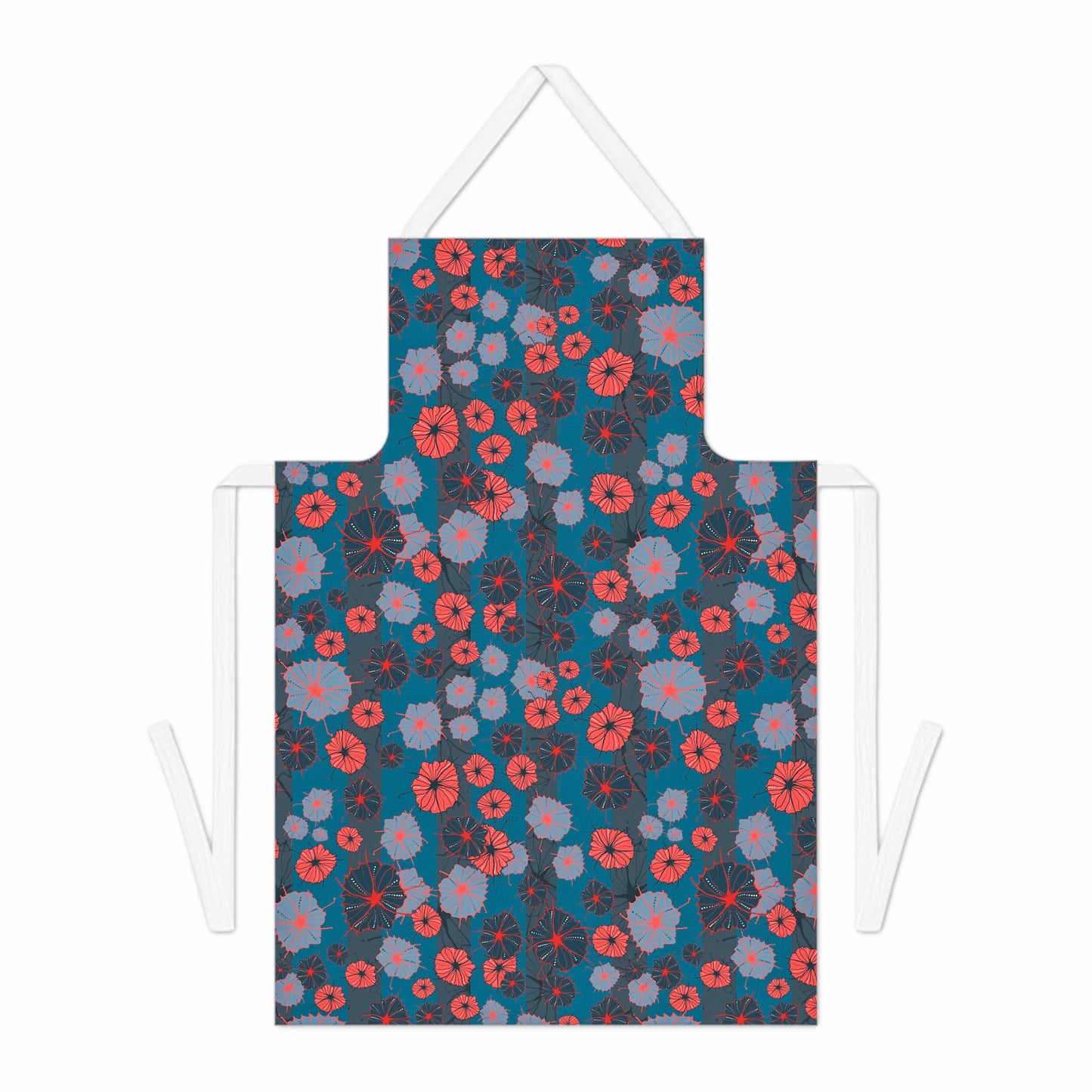 Abstract Floral Stripy Chefs Apron - Poppy Red and French Navy