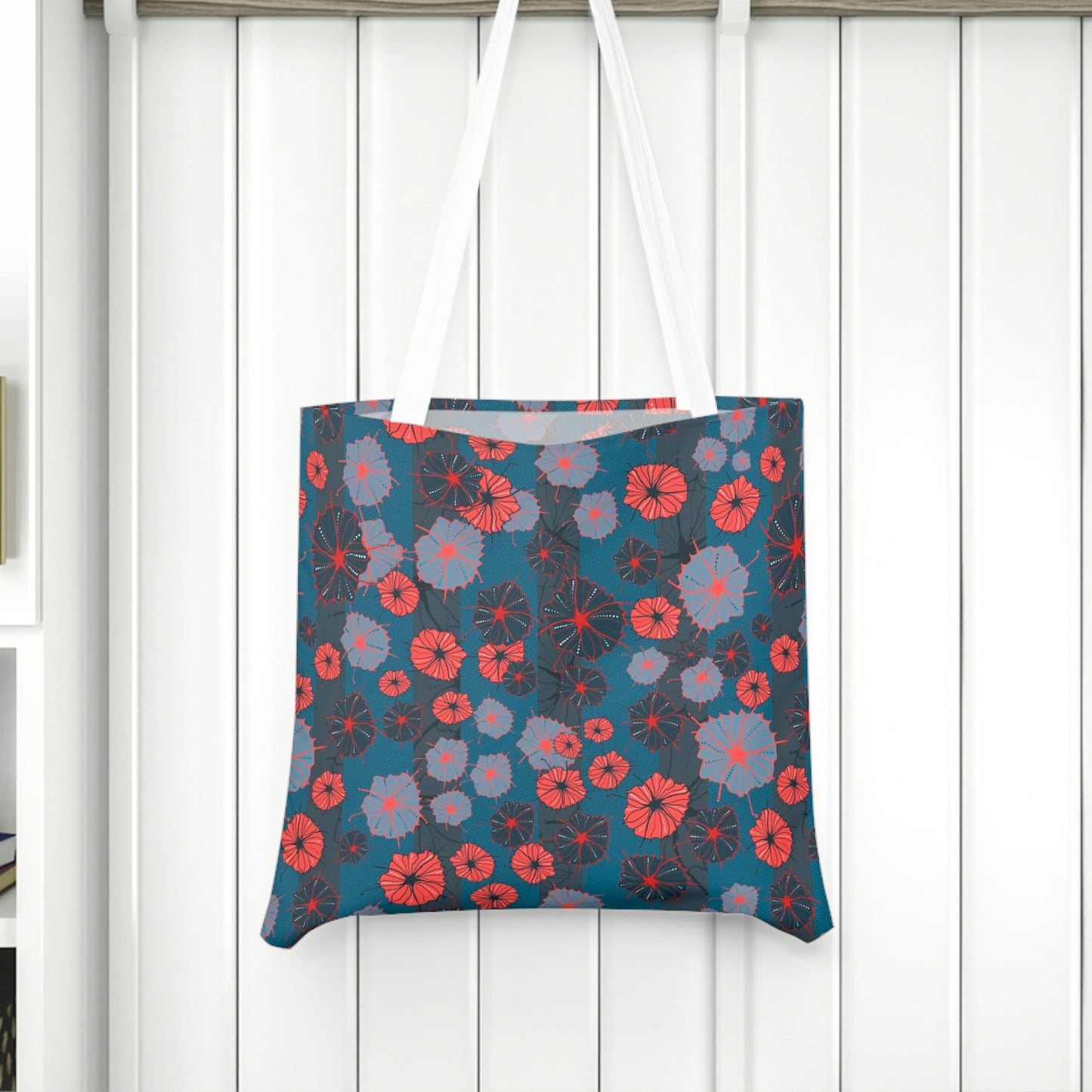 Funky Stripe Floral Tote - Red and Navy