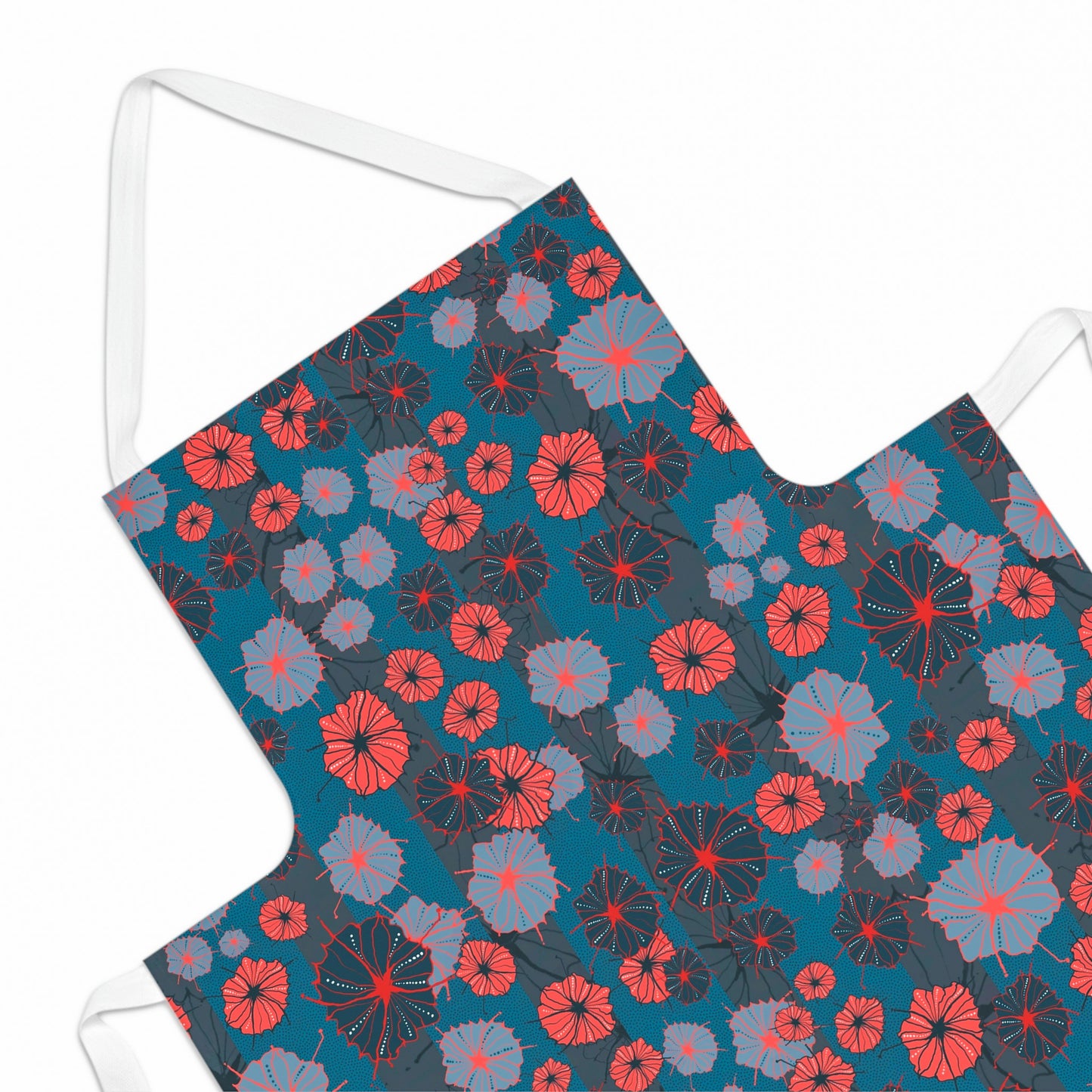 Abstract Floral Stripy Chefs Apron - Poppy Red and French Navy