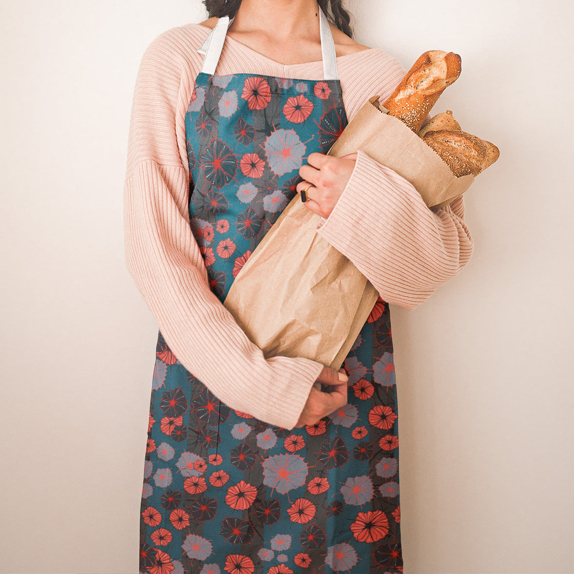 Abstract Floral Stripy Chefs Apron - Poppy Red and French Navy