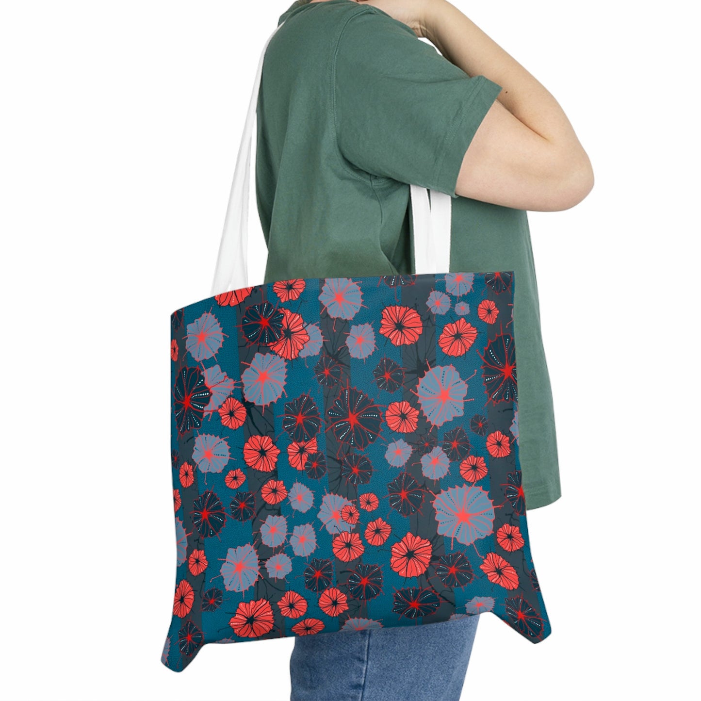 Funky Stripe Floral Tote - Red and Navy