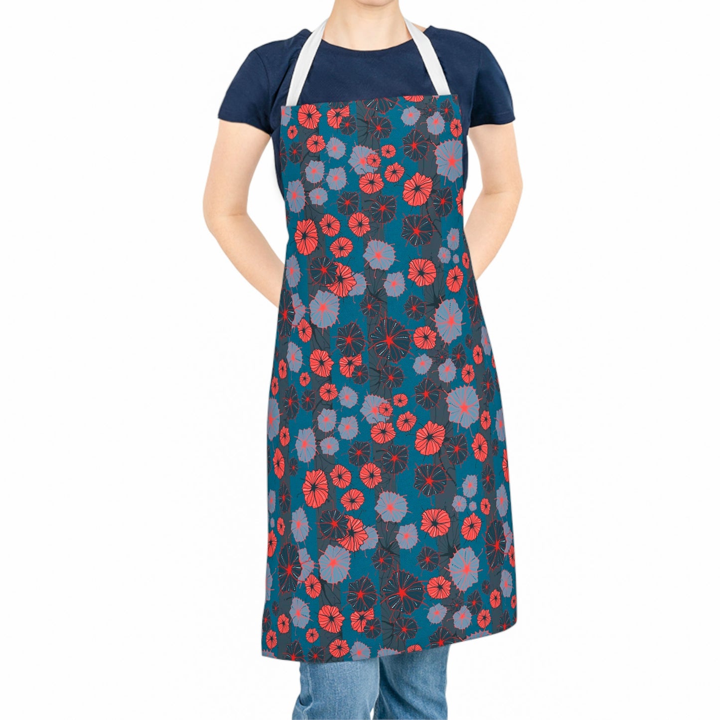 Abstract Floral Stripy Chefs Apron - Poppy Red and French Navy