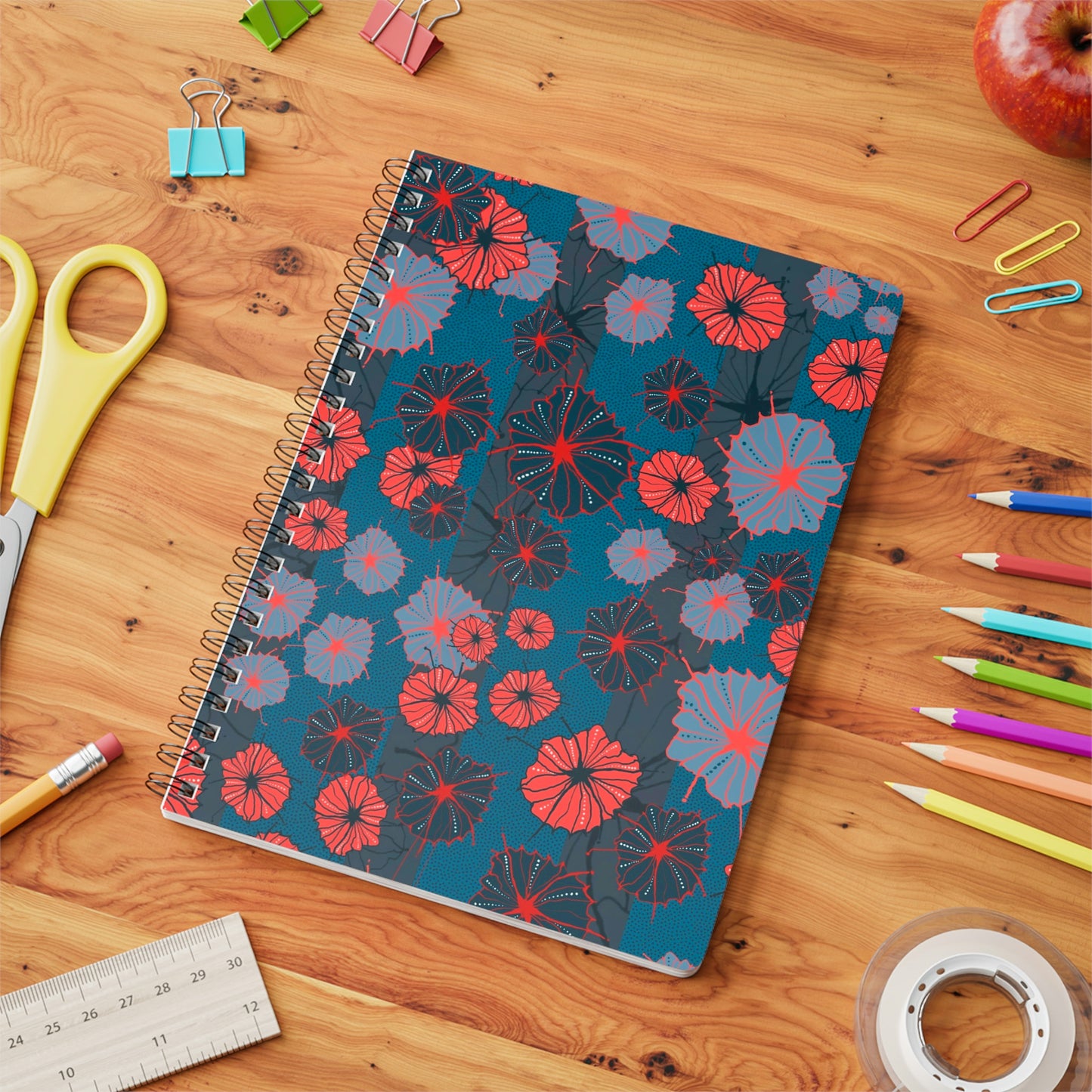 Abstract Floral Spiral Notebook - Poppy Red and Navy