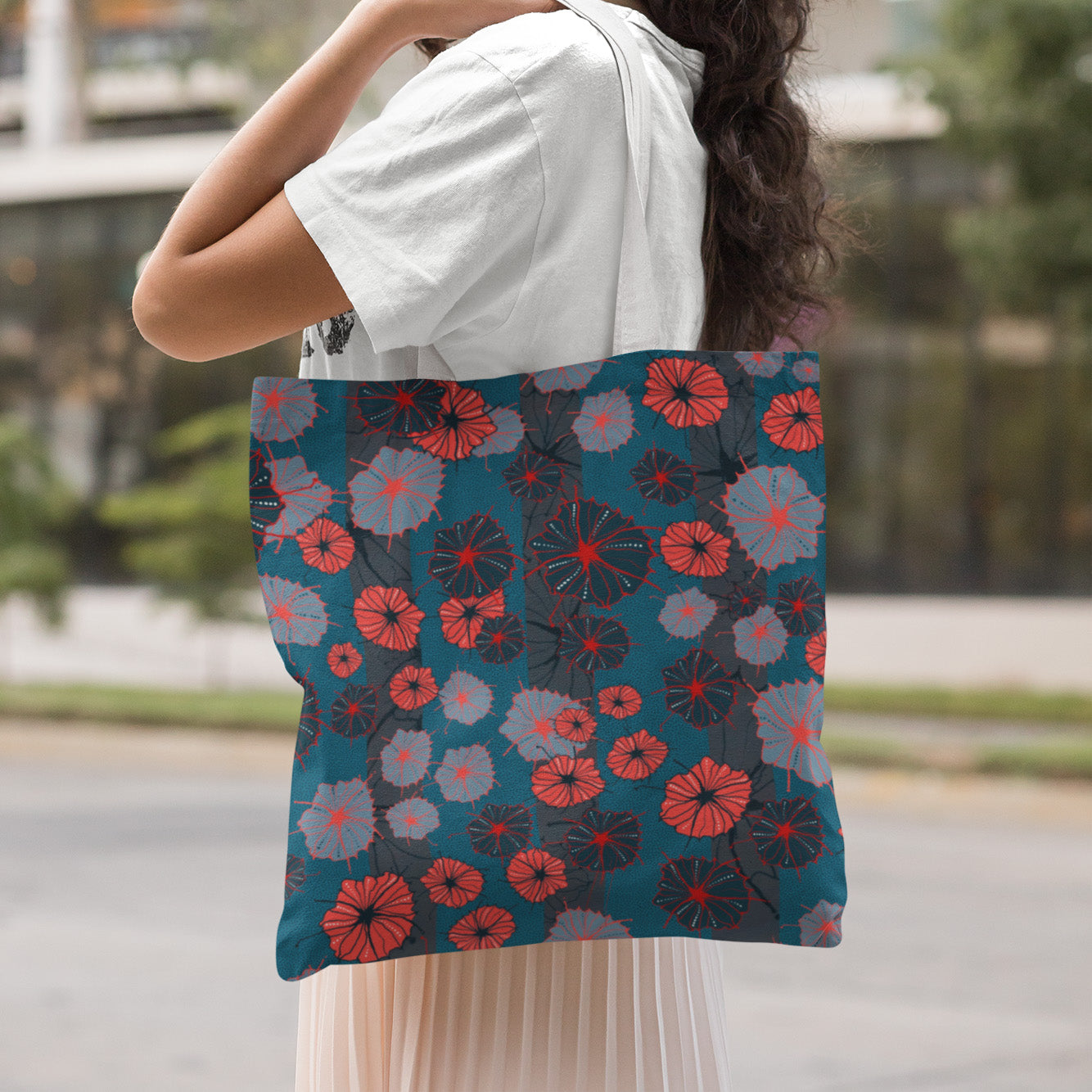 Funky Stripe Floral Tote - Red and Navy