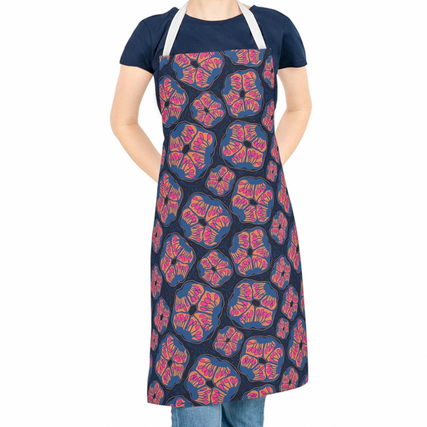 Abstract Floral Seed Chefs Apron - Pomegranate and Navy