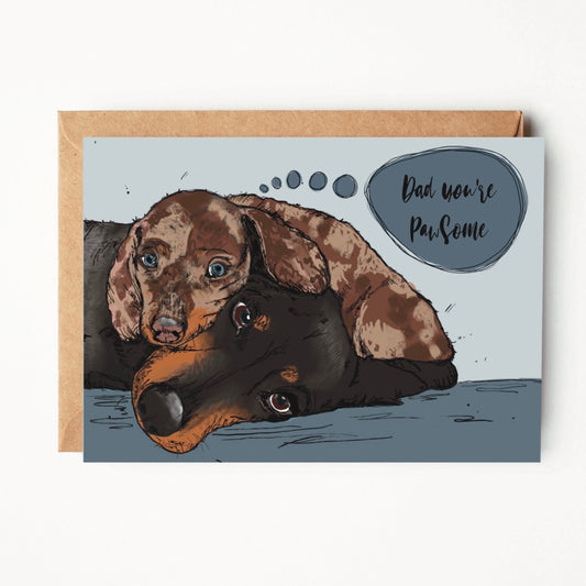 Dapple, Black and Tan Sausage Dog, Doxie, Dachshund Birthday Card for Dog Dad