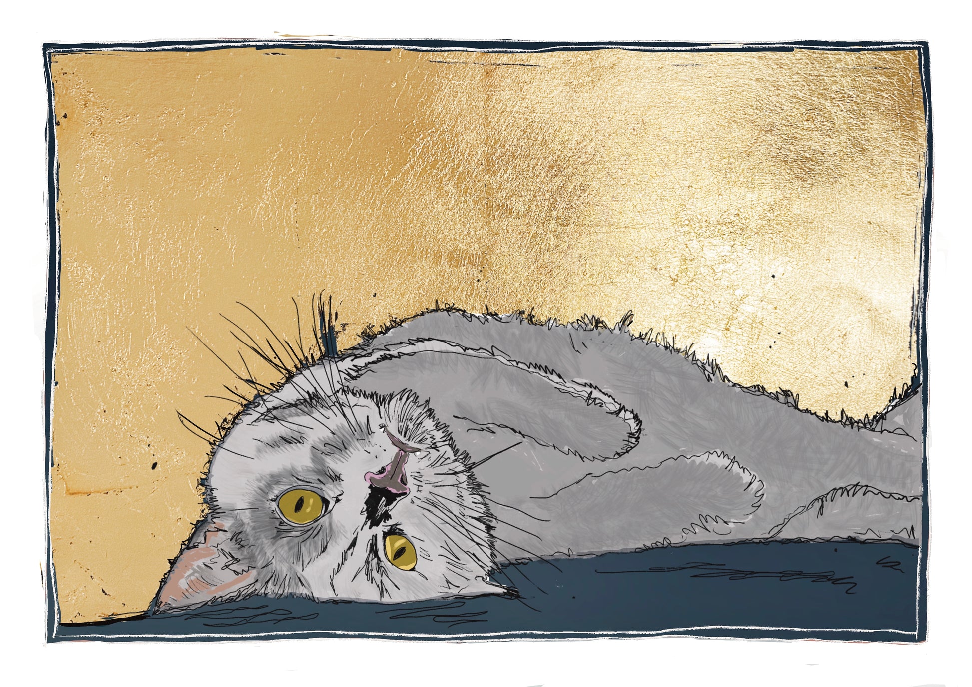 Grey/ blue cat lying on back on navy floor with gold leaf background