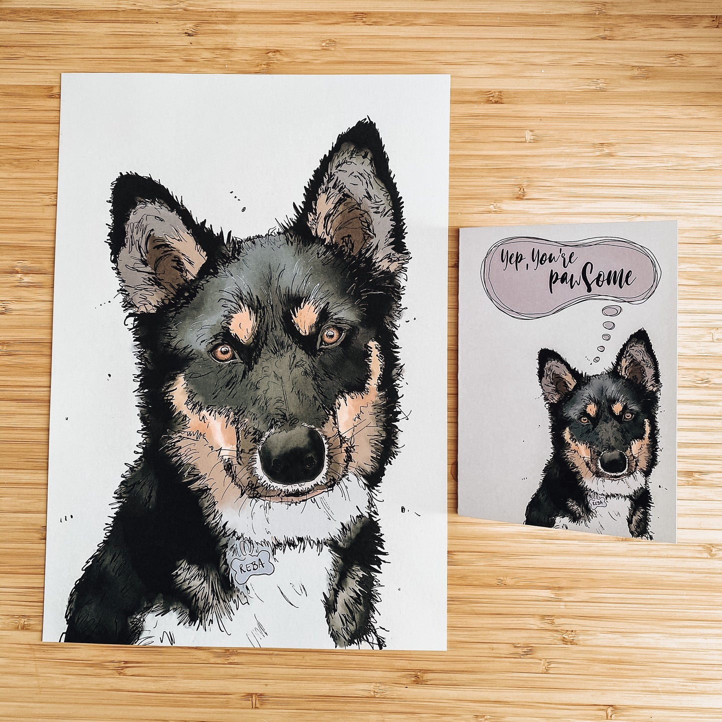 Personalised original pet portrait & card combination