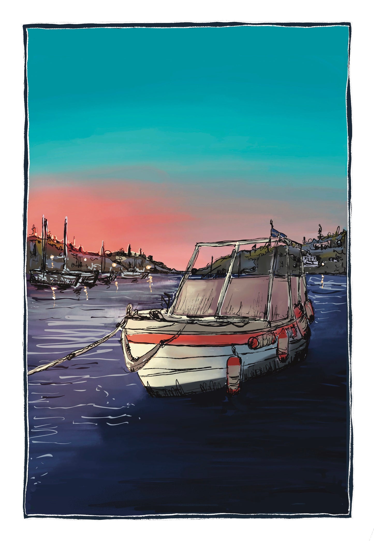 Greek Boat Sunset Art Print