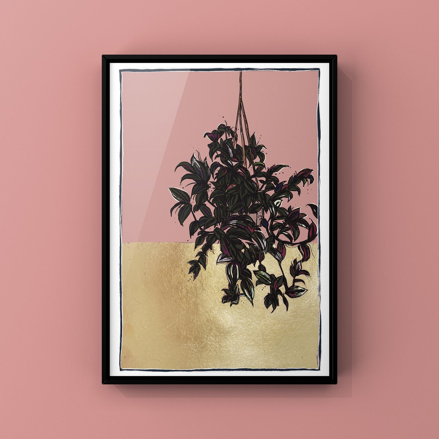 Hanging houseplant original art print with gold leaf accent (optional)