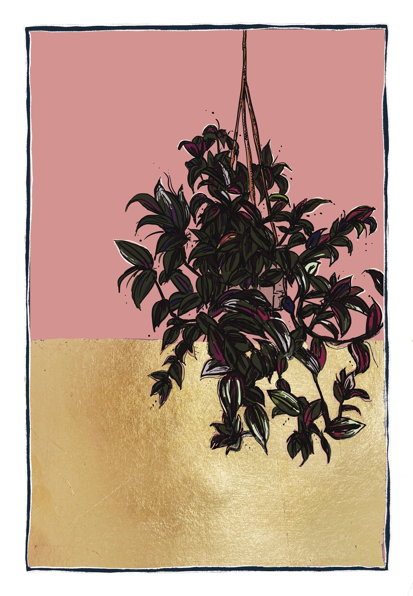 Hanging houseplant original art print with gold leaf accent (optional)