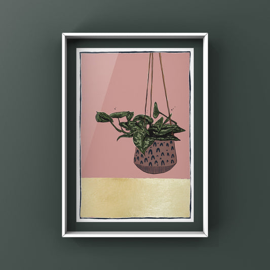 Hanging houseplant Orignial wall art with gold leaf accents (optional)