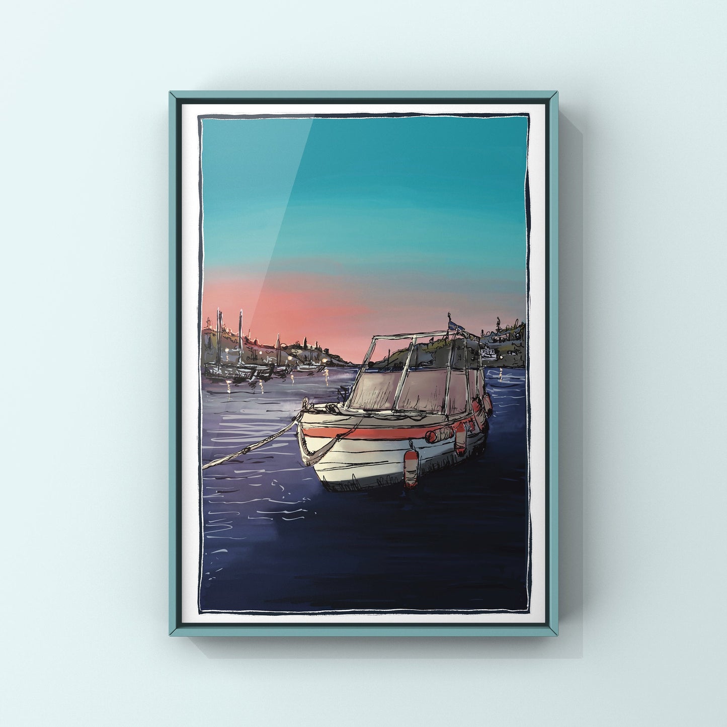 Greek Boat Sunset Art Print