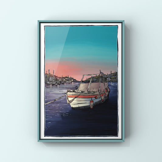 Greek Boat Sunset Art Print