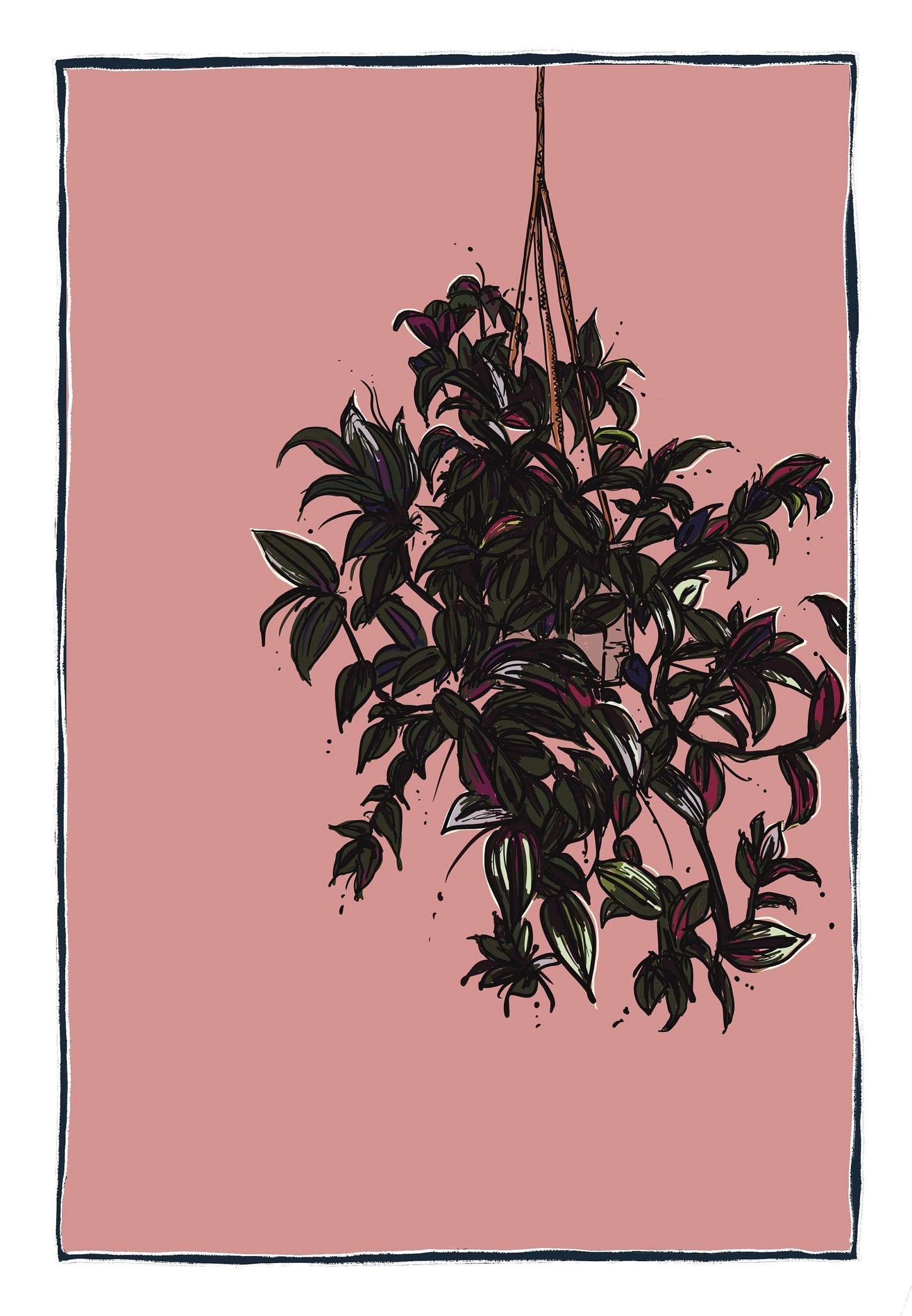 Hanging houseplant original art print with gold leaf accent (optional)